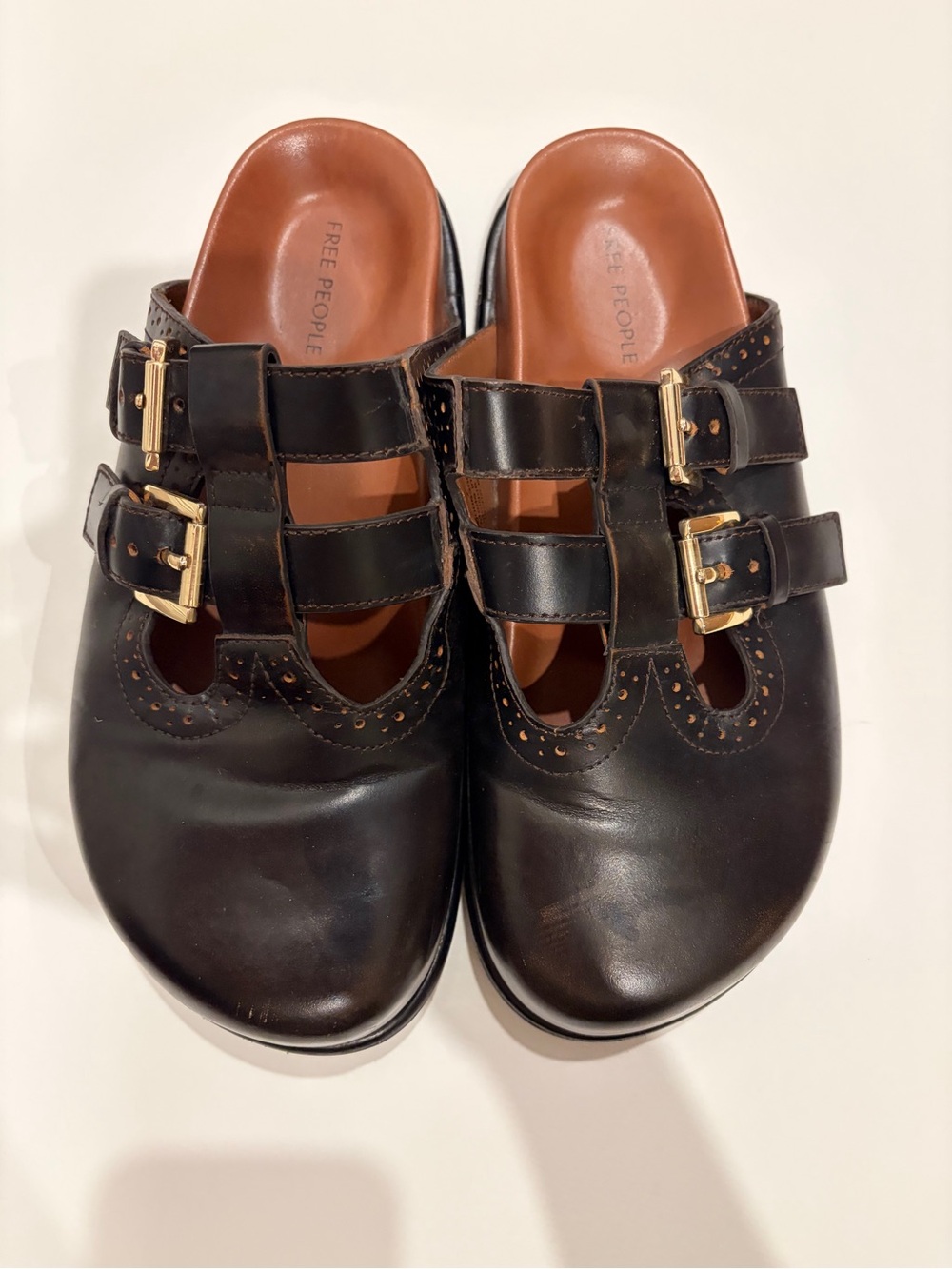 Shoreditch Free People Black Leather Double-Buckle mule Slip-On Clogs